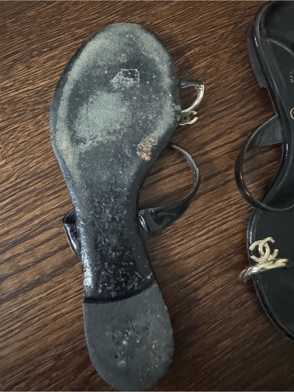 CHANEL Black Leather Sandal with Gold CC Logo - Picture 2 of 4